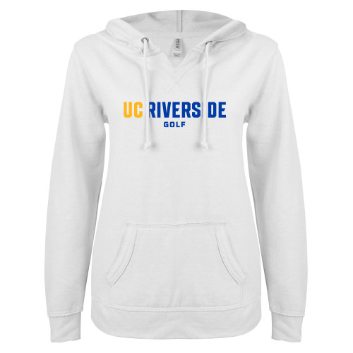  ENZA Womens White V Notch Raw Edge Fleece Hoodie - UC Riverside Golf