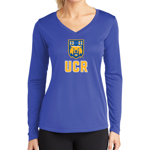  Womens Royal Performance Long Sleeve V Neck Shirt - UCR Bear