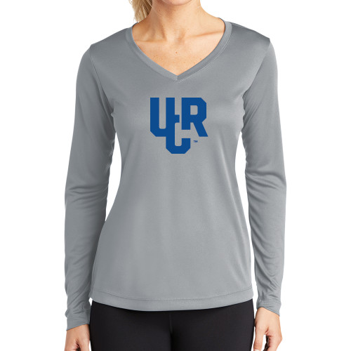  Womens Grey Performance Long Sleeve V Neck Shirt - UCR Primary Logo - 1 Color
