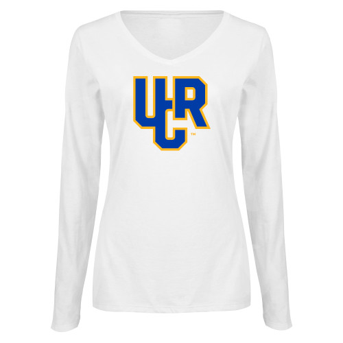  Womens White Long Sleeve V Neck Tee - UCR Primary Logo