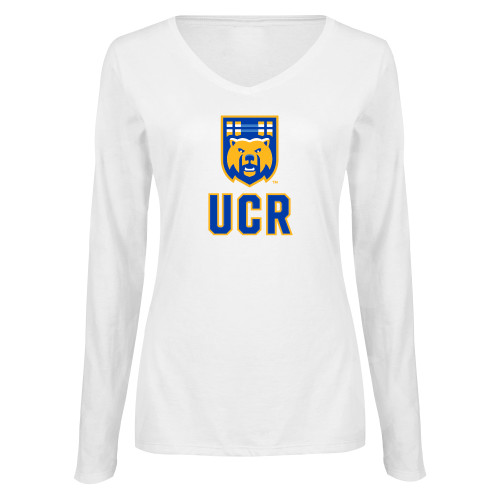  Womens White Long Sleeve V Neck Tee - UCR Bear