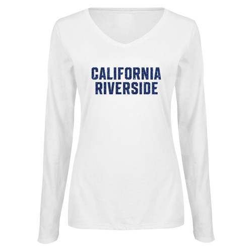  Womens White Long Sleeve V Neck Tee - H Dark Blue Glitter
