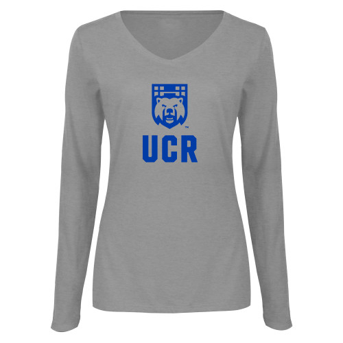  Womens Grey Long Sleeve V Neck Tee  - UCR Bear