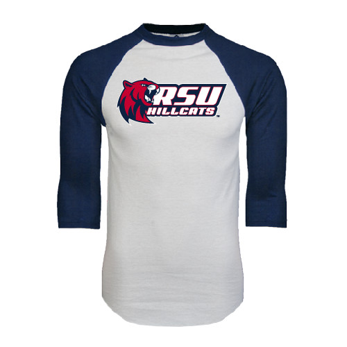  White/Navy Raglan Baseball T Shirt - Stacked Combination Logo