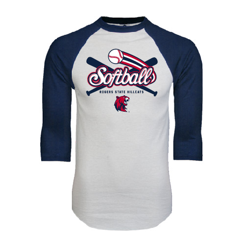  White/Navy Raglan Baseball T Shirt - Softball Crossed Bats