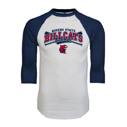  White/Navy Raglan Baseball T Shirt - Baseball Crossed Bats