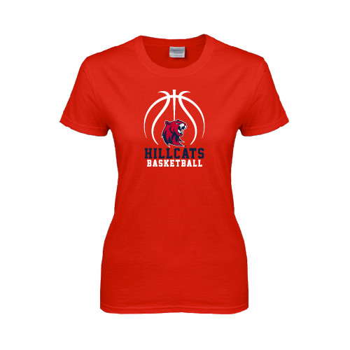  Womens Short Sleeve Red Tee - Hillcats Basketball Stacked w/Ball