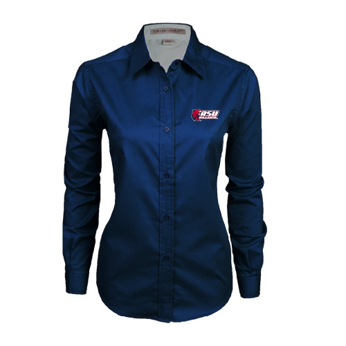  Womens Navy Twill Button Down Long Sleeve  - Stacked Combination Logo