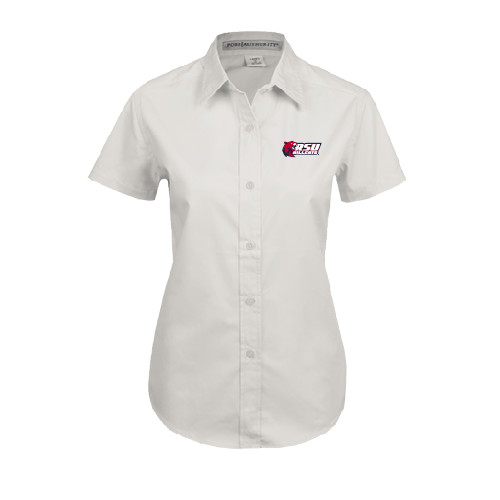  Womens White Twill Button Up Short Sleeve - Stacked Combination Logo