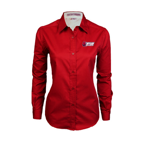  Womens Red Twill Button Down Long Sleeve  - Stacked Combination Logo