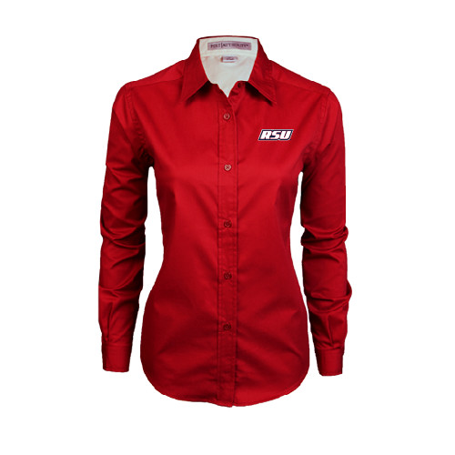  Womens Red Twill Button Down Long Sleeve  - RSU