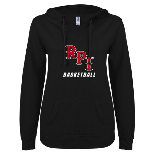  ENZA Womens Black V Notch Raw Edge Fleece Hoodie - Basketball