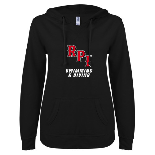  ENZA Womens Black V Notch Raw Edge Fleece Hoodie - Swimming and Diving