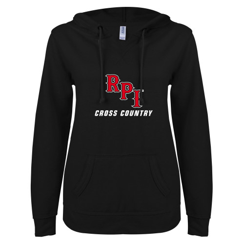  ENZA Womens Black V Notch Raw Edge Fleece Hoodie - Cross Country