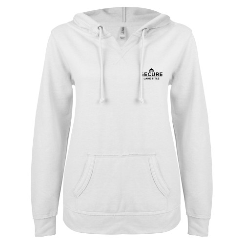 ENZA Womens White V Notch Raw Edge Fleece Hoodie-Secure Land Title