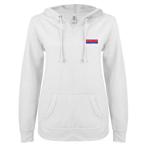 ENZA Womens White V Notch Raw Edge Fleece Hoodie-American Title Company