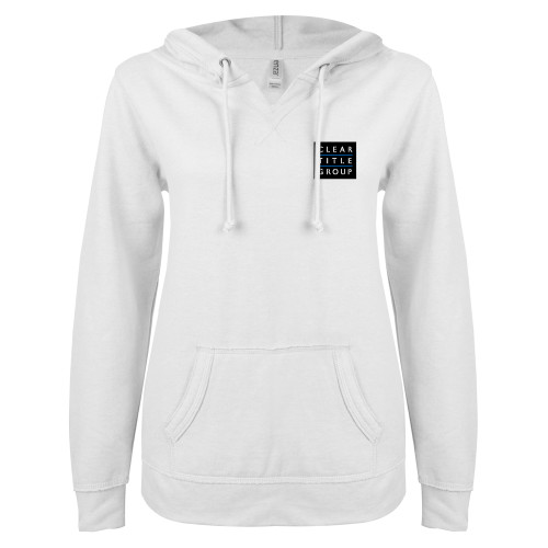 ENZA Womens White V Notch Raw Edge Fleece Hoodie-Clear Title Group