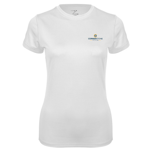 Womens White Performance Tee-Corner Stone Title Company
