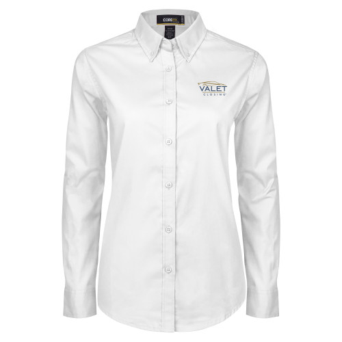 Womens White Twill Button Down Long Sleeve-Valet Closing