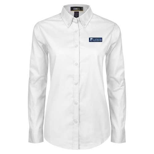 Womens White Twill Button Down Long Sleeve-Cypress Title Corporation