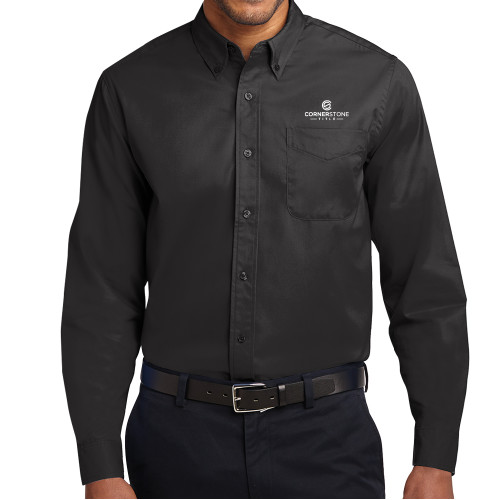 Black Twill Button Down Long Sleeve-Corner Stone Title Company