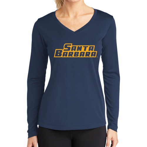  Womens Navy Performance Long Sleeve V Neck Shirt - Santa Barbara One Color