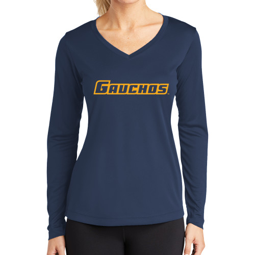  Womens Navy Performance Long Sleeve V Neck Shirt - Gauchos One Color