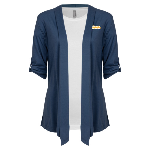  Womens Navy Drape Front Cardigan Sweater  - Santa Barbara Wordmark Embroidery