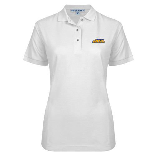 Womens Silk Touch White Pique Polo - Santa Barbara Wordmark Embroidery