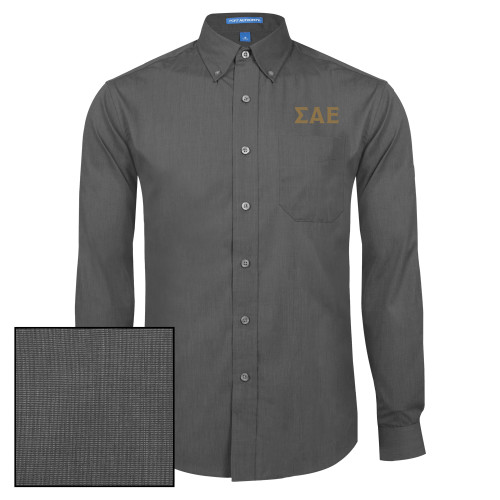 Dark Charcoal Poplin Crosshatch Long Sleeve Button Down-Greek Letters