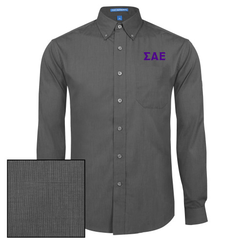 Dark Charcoal Poplin Crosshatch Long Sleeve Button Down-Greek Letters