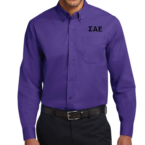 Purple Twill Button Down Long Sleeve-Greek Letters