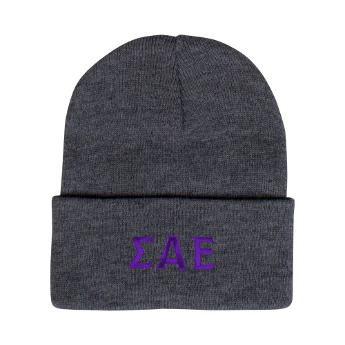 Grey Knit Beanie w/Cuff-Greek Letters