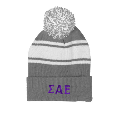 Grey/White Two Tone Knit Pom Beanie w/Cuff-Greek Letters
