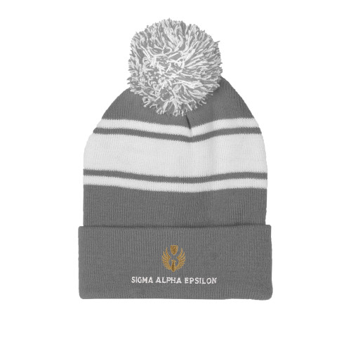 Grey/White Two Tone Knit Pom Beanie w/Cuff-Primary Mark