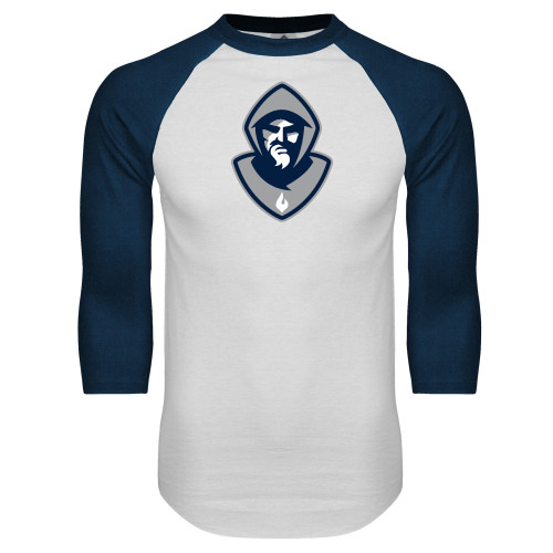  White/Navy Raglan Baseball T Shirt - Hermit Mascot
