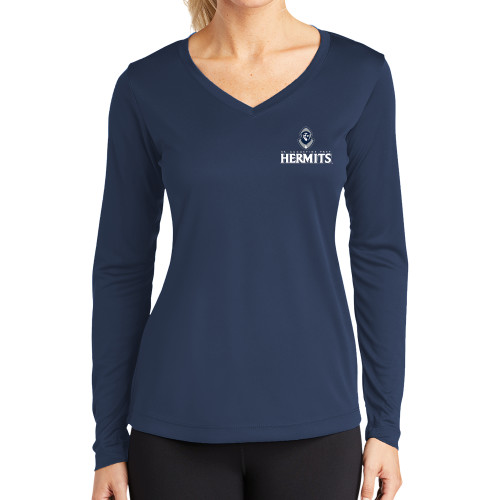  Womens Navy Performance Long Sleeve V Neck Shirt - Primary Mark