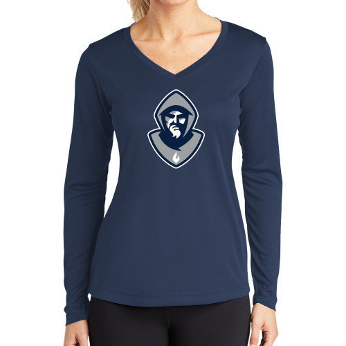  Womens Navy Performance Long Sleeve V Neck Shirt - Hermit Mascot