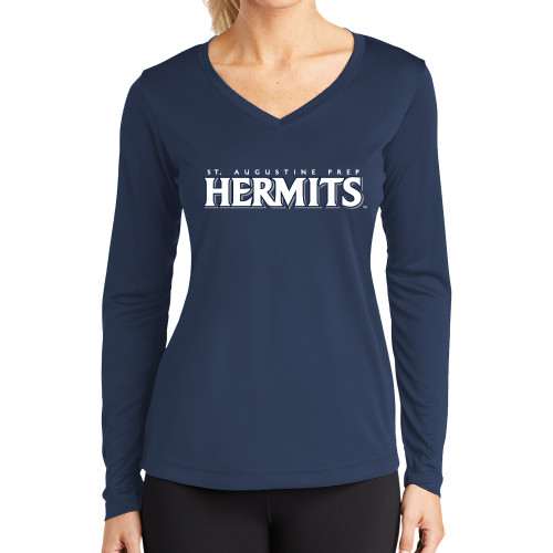  Womens Navy Performance Long Sleeve V Neck Shirt - St. Augustine Prep Hermits