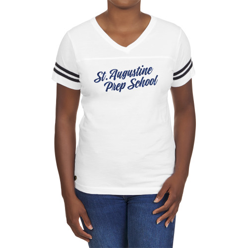  Fall Rush Ladies White 60/40 Football Tee - H Dark Blue Glitter
