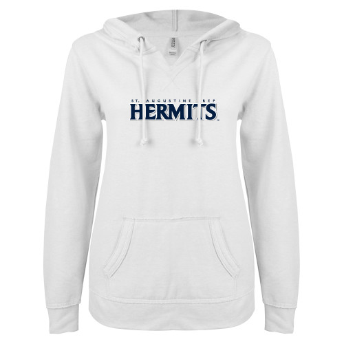  ENZA Womens White V Notch Raw Edge Fleece Hoodie - St. Augustine Prep Hermits