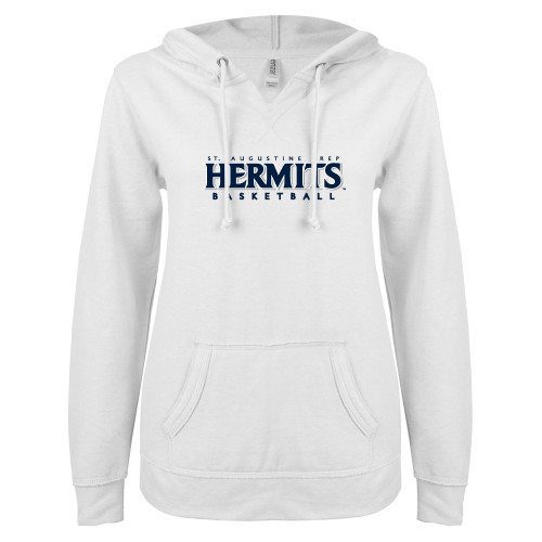  ENZA Womens White V Notch Raw Edge Fleece Hoodie - Hermits Basketball