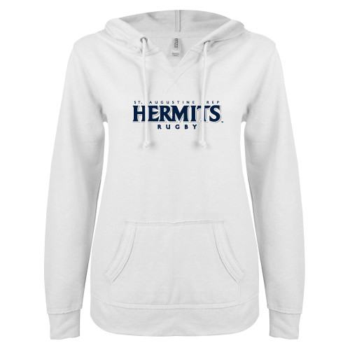  ENZA Womens White V Notch Raw Edge Fleece Hoodie - Hermits Rugby