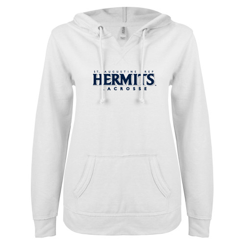  ENZA Womens White V Notch Raw Edge Fleece Hoodie - Hermits Lacrosse