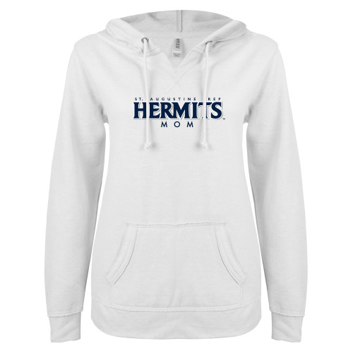  ENZA Womens White V Notch Raw Edge Fleece Hoodie - Hermits Mom
