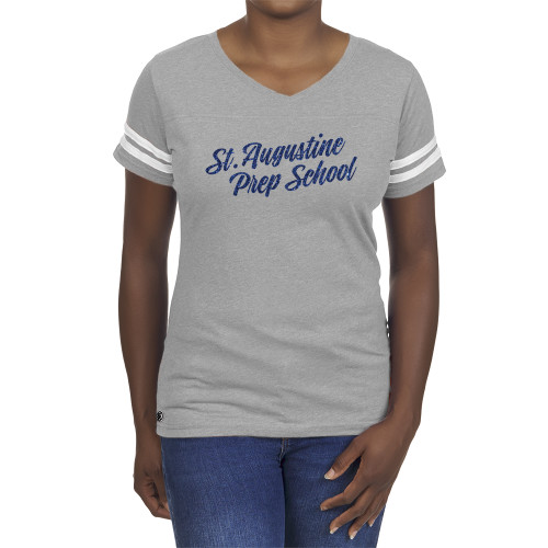  Fall Rush Ladies Athletic Grey 60/40 Football Tee - H Dark Blue Glitter