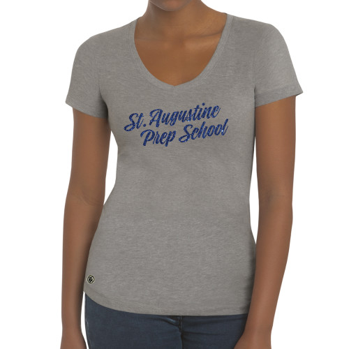  Fall Rush Ladies Athletic Grey V Neck Tee - H Dark Blue Glitter