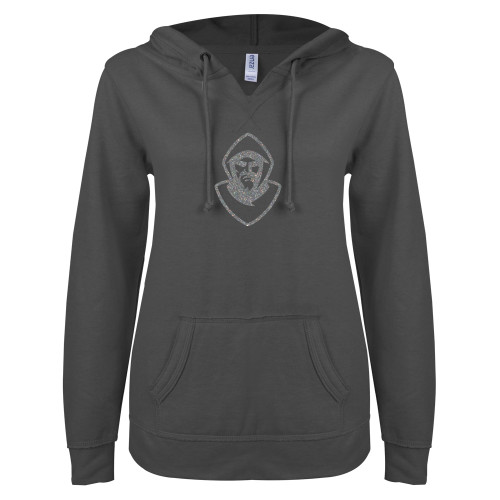  ENZA Womens Dark Heather V Notch Raw Edge Fleece Hoodie - Hermit Mascot Glitter Silver Soft Glitter