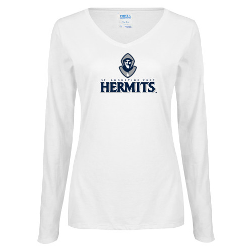  Womens White Long Sleeve V Neck Tee - Primary Mark