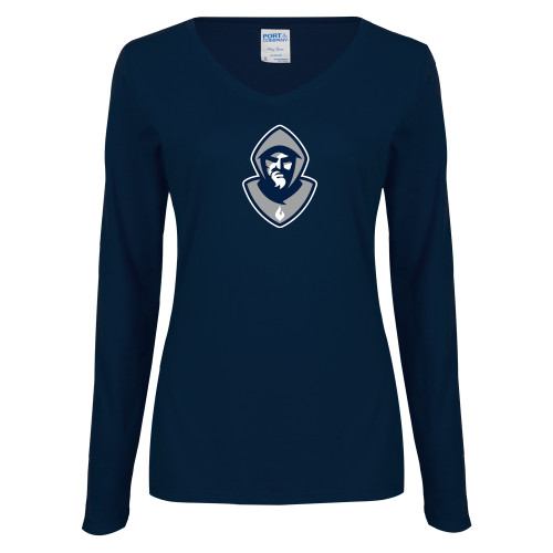  Womens Navy Long Sleeve V Neck Tee - Hermit Mascot